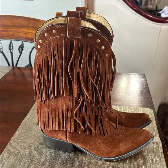 Shyanne Brown Suede Fringe Western Ankle Boots - Picture 2 of 9
